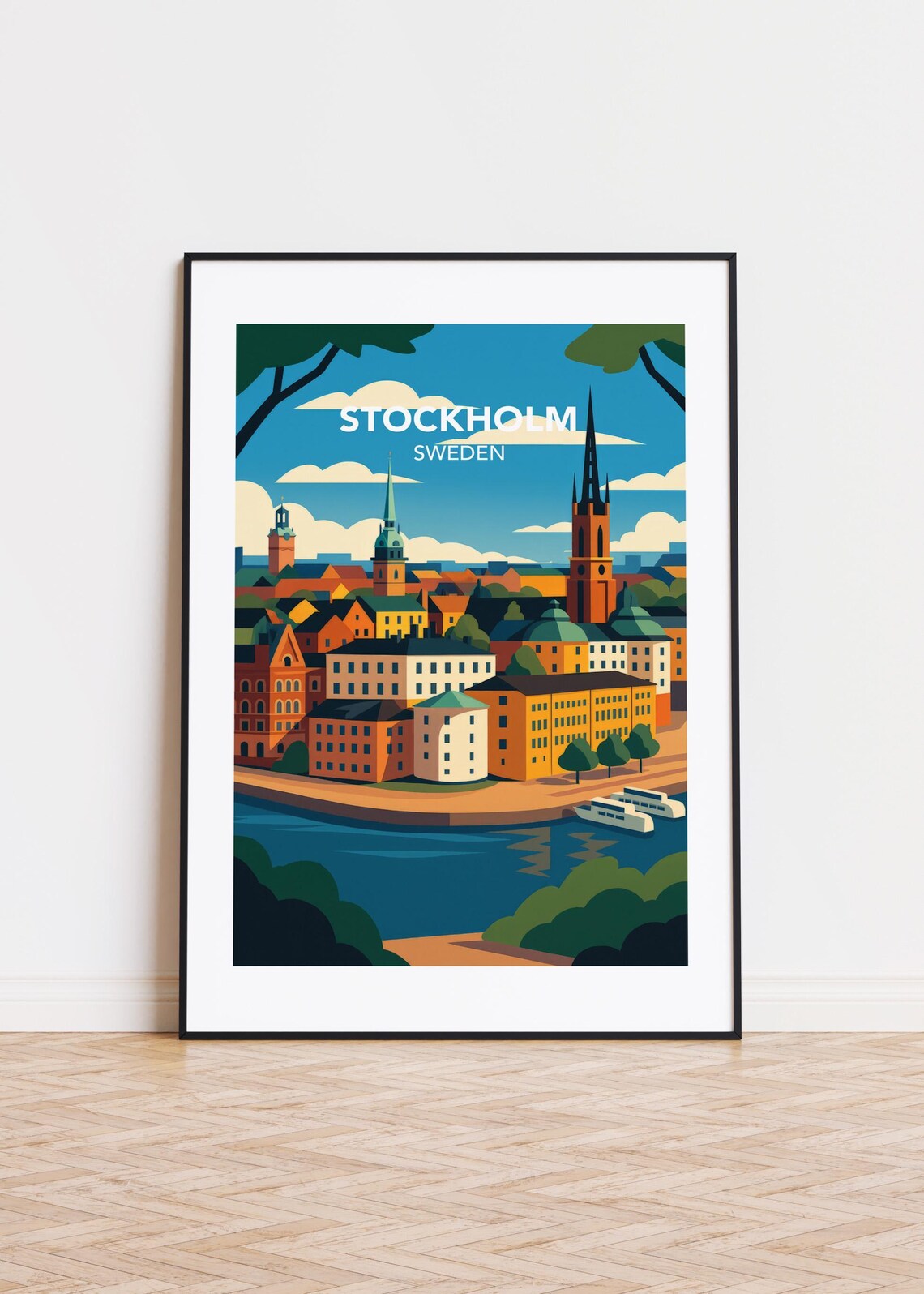 Stockholm Sweden Waterfront Old Town Colorful City Travel Poster