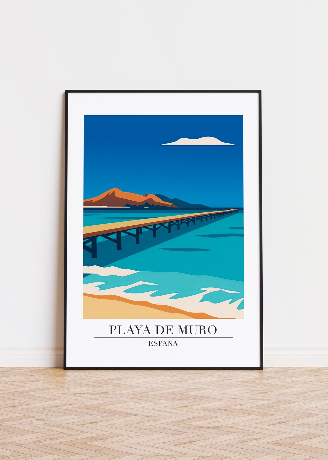Playa de Muro Mallorca Long Pier Turquoise Sea Minimalist Beach Art Poster