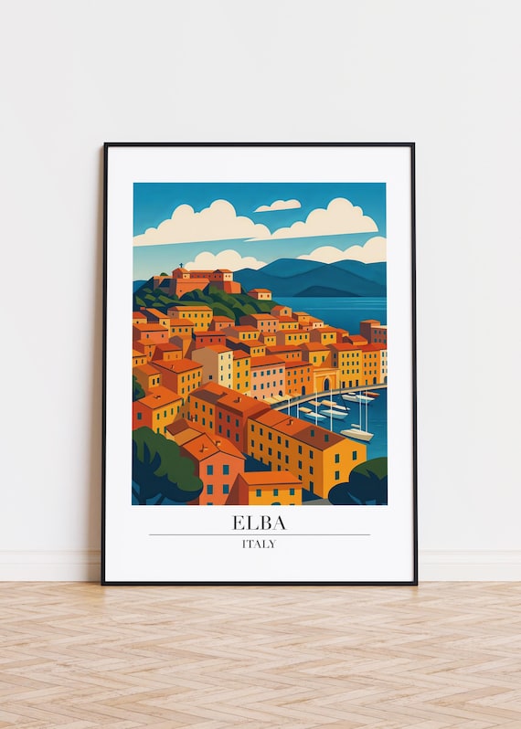 Elba Italy Harbor Town Orange Rooftops Marina Boats Vintage Travel Poster