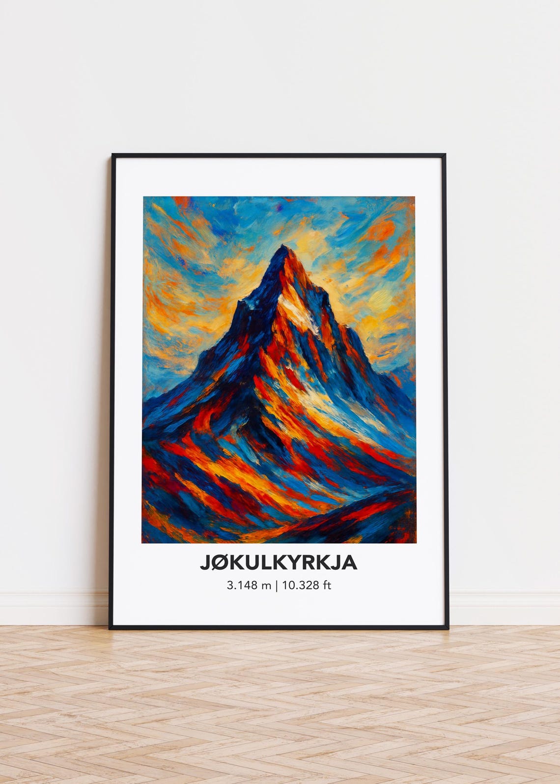 JØKULKYRKJA Mountain Vibrant Red Blue Expressionist Peak Poster