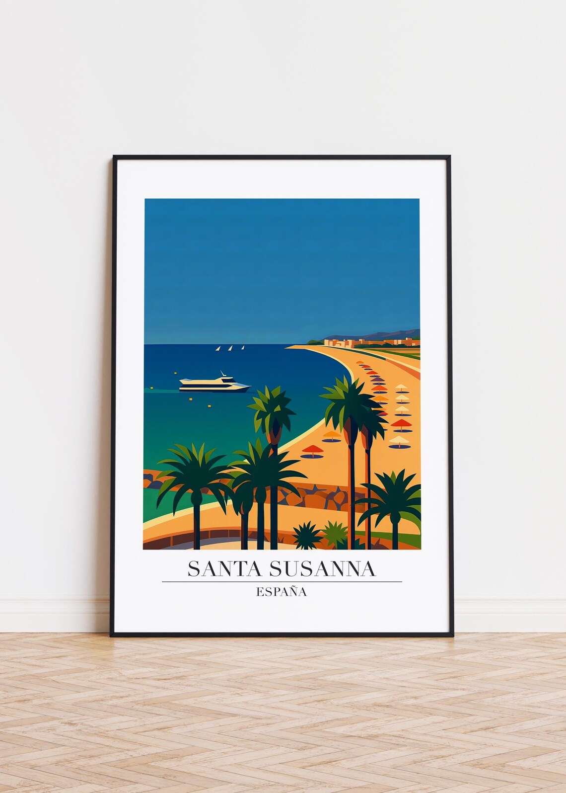 Santa Susanna España Palm Beach Yacht Modern Travel Illustration Poster
