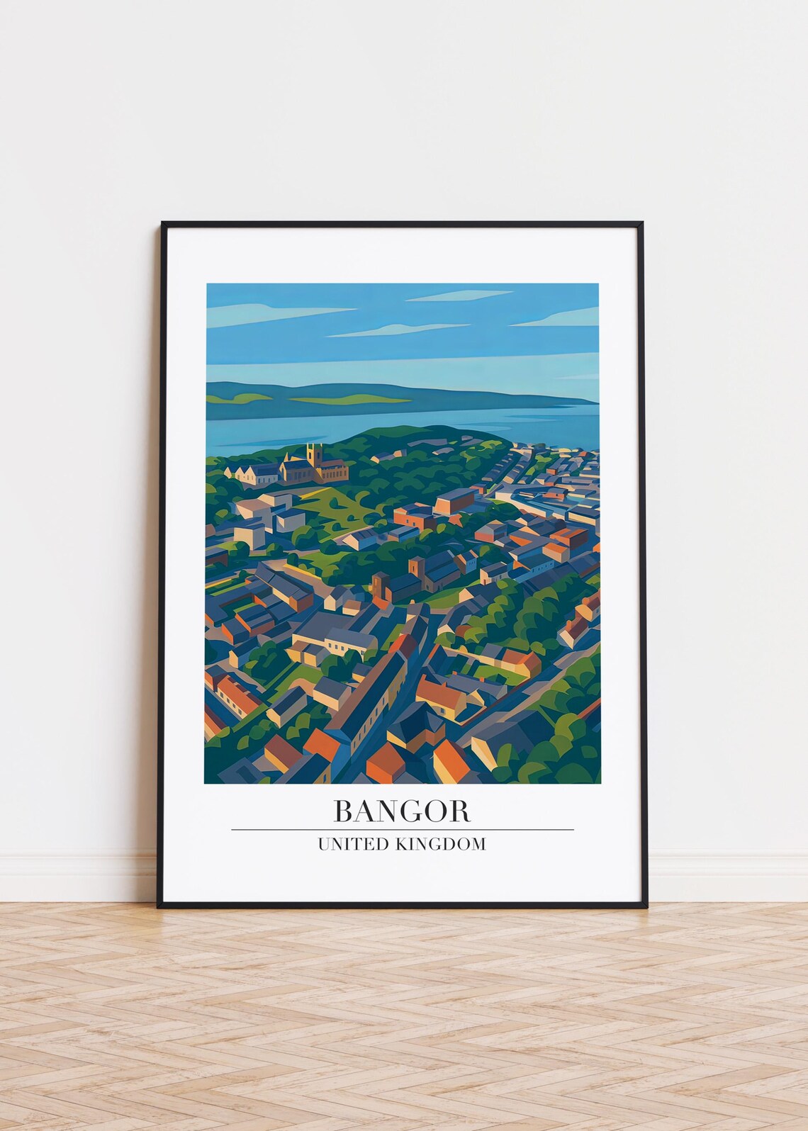 Bangor United Kingdom Aerial Town View Travel Illustration Poster
