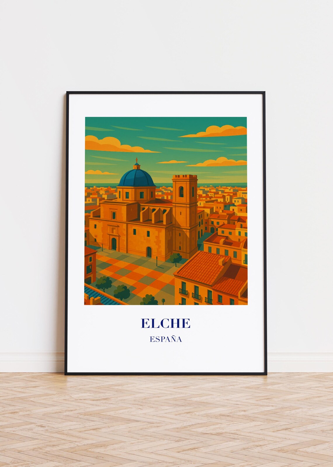 Elche Spain Old Town Basilica Golden Hour Travel Poster Illustration