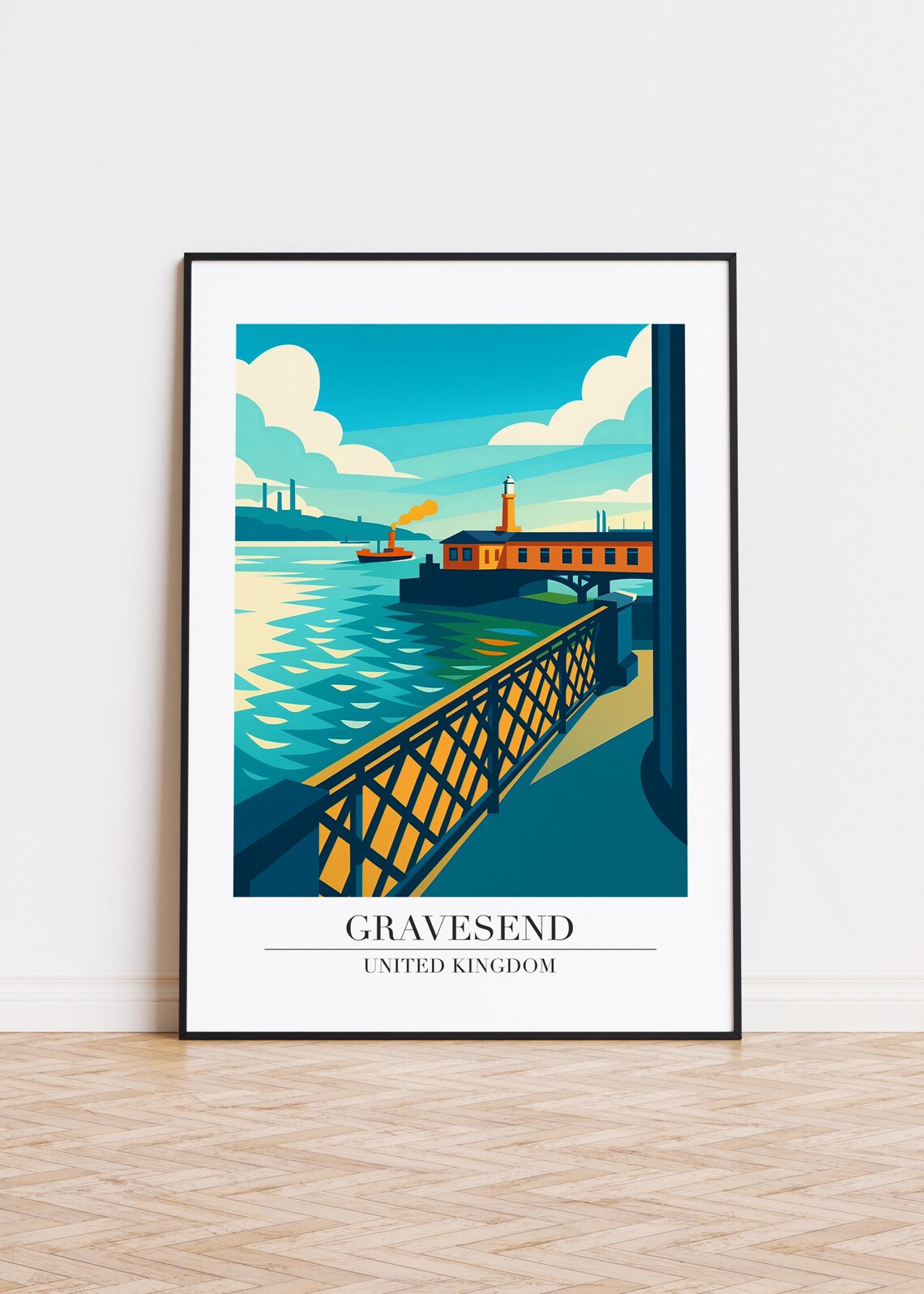 Gravesend United Kingdom River Pier Lighthouse Retro Travel Poster