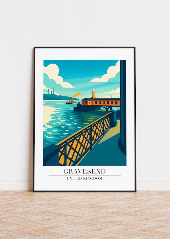 Gravesend United Kingdom River Pier Lighthouse Retro Travel Poster
