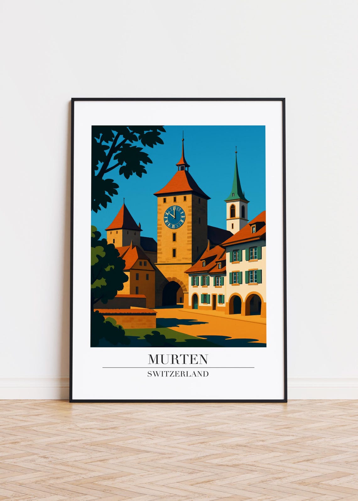 Murten Switzerland Clock Tower Old Town Square Travel Poster