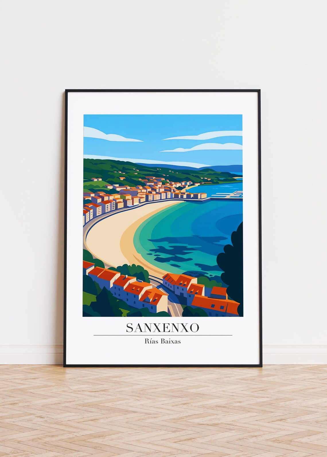 Sanxenxo Crescent Bay Seaside Town Rias Baixas Vintage Travel Poster