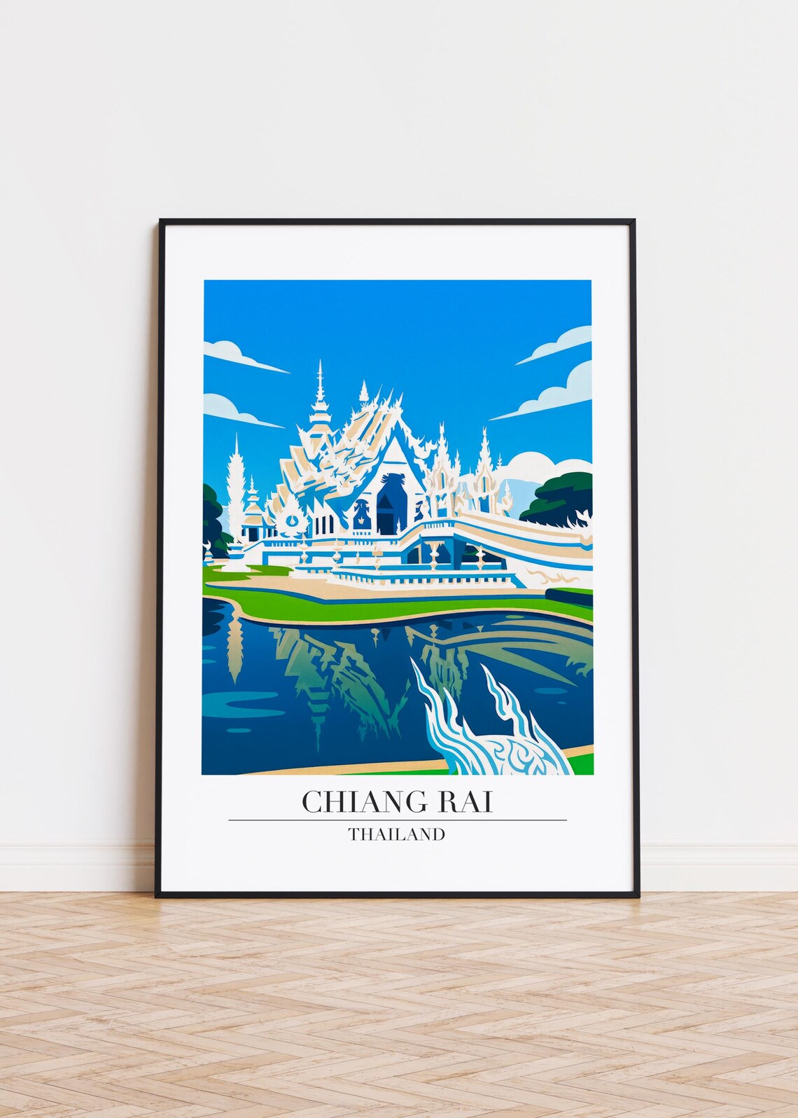 Chiang Rai Thailand White Temple Reflective Pool Travel Poster
