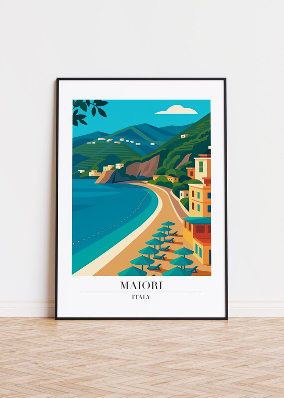 Maiori Italy Beach Umbrellas Coastal Travel Illustration Poster