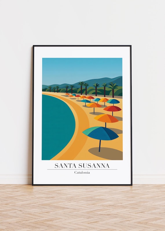 Santa Susanna Catalonia Curved Beach Umbrellas Spain Travel Poster