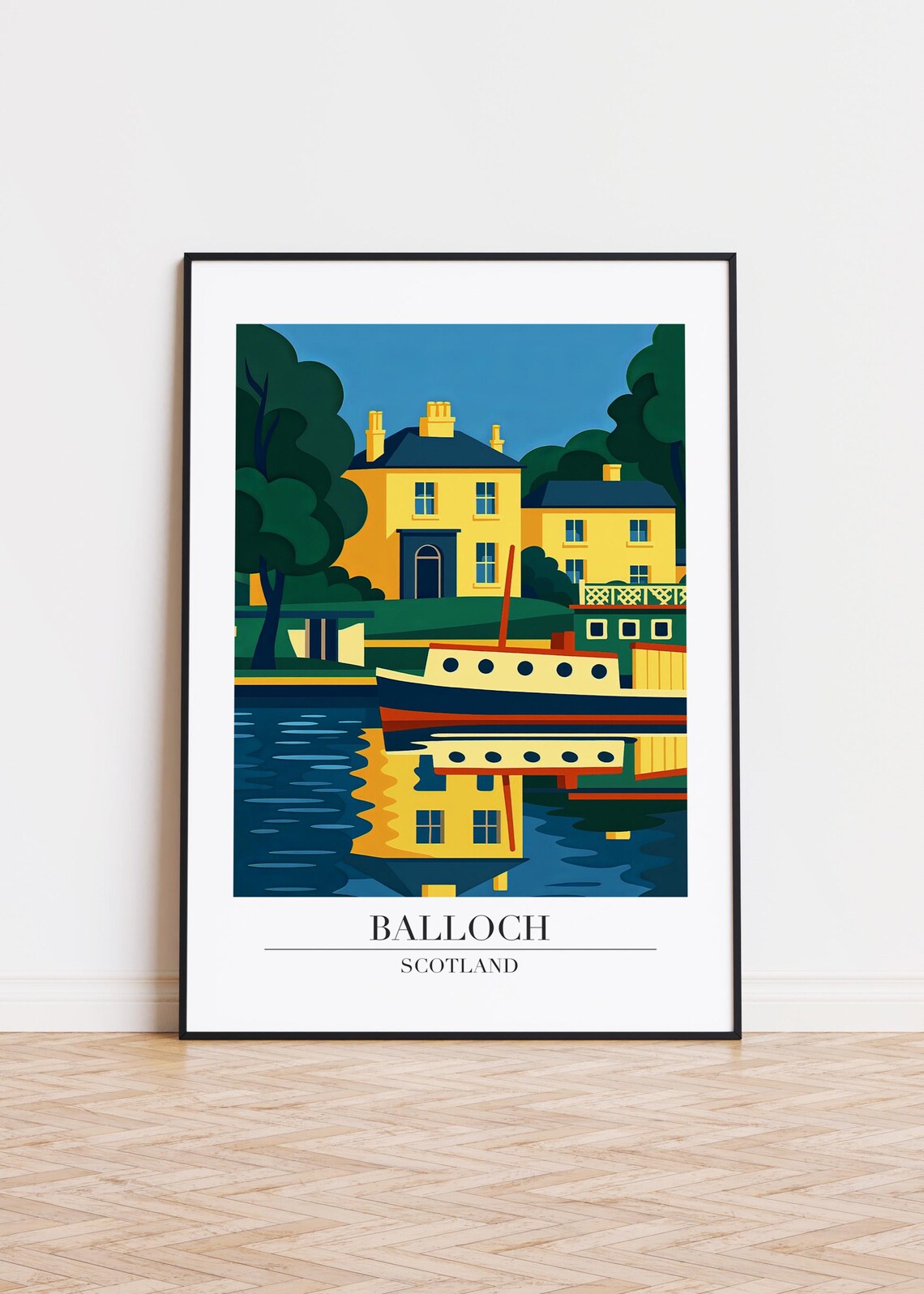 Balloch Scotland Loch Shore House Boat Retro Travel Illustration Poster