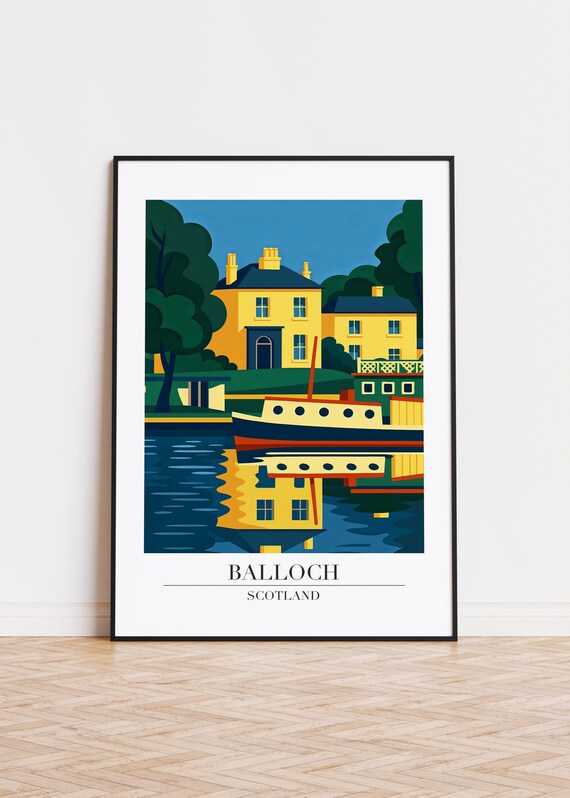 Balloch Scotland Loch Shore House Boat Retro Travel Illustration Poster