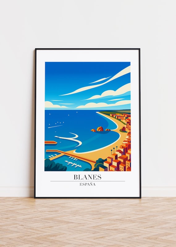 Blanes Spain Aerial Beach Marina Coastal Town Retro Travel Poster