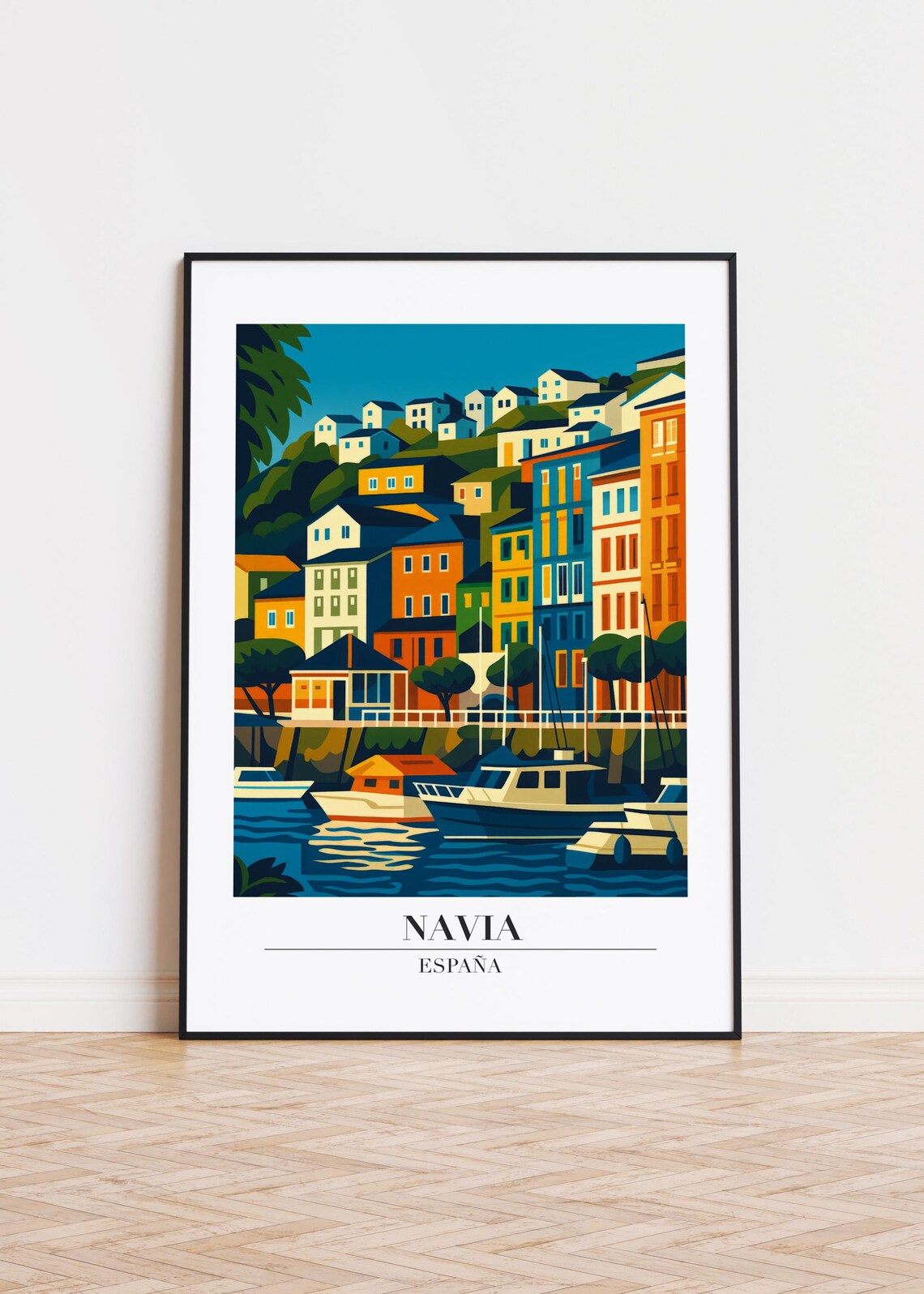 Navia Spain Harbor Town Colorful Waterfront Illustration Art Poster