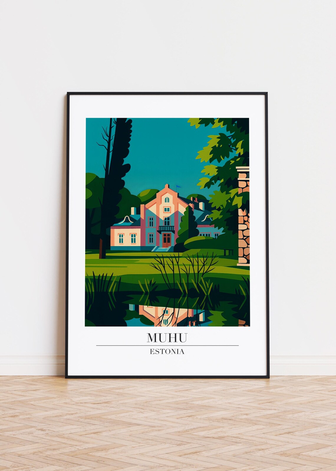 Muhu Estonia Countryside Manor House Pond Scenic Travel Poster