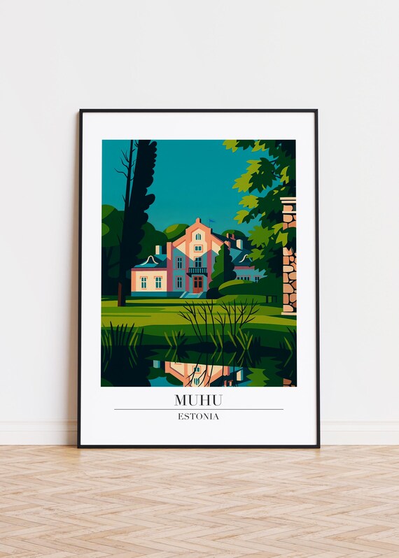 Muhu Estonia Countryside Manor House Pond Scenic Travel Poster