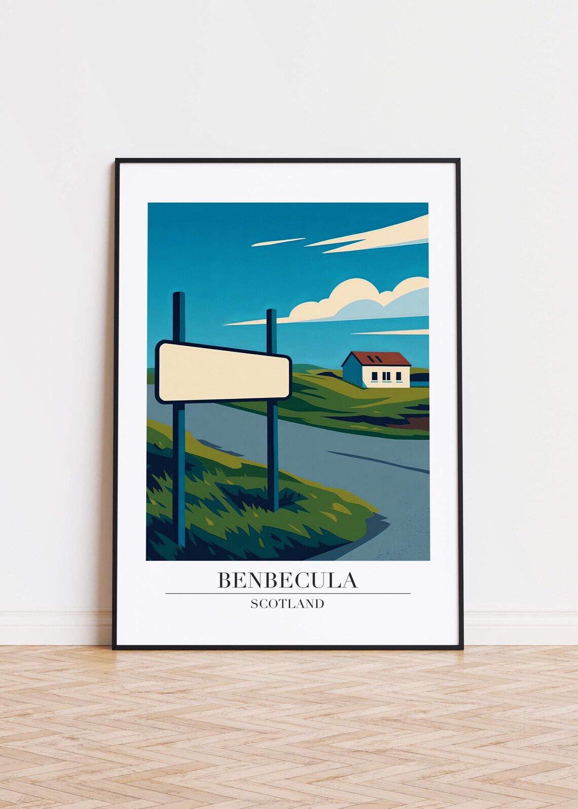 Benbecula Scotland Road Sign Cottage Hills Travel Art Poster
