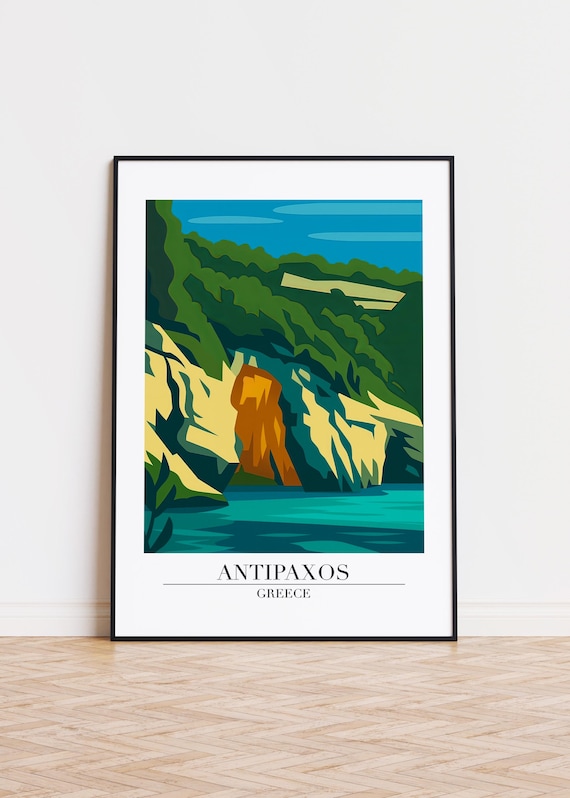 Antipaxos Greece Rocky Cliffs Sea Arch Colorful Travel Poster