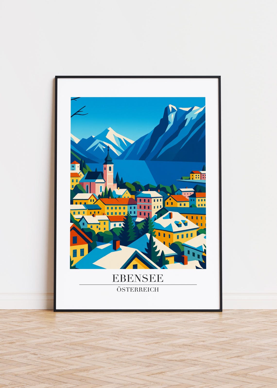 Ebensee Austria Winter Snow Rooftops Mountain Lake Scene Travel Print