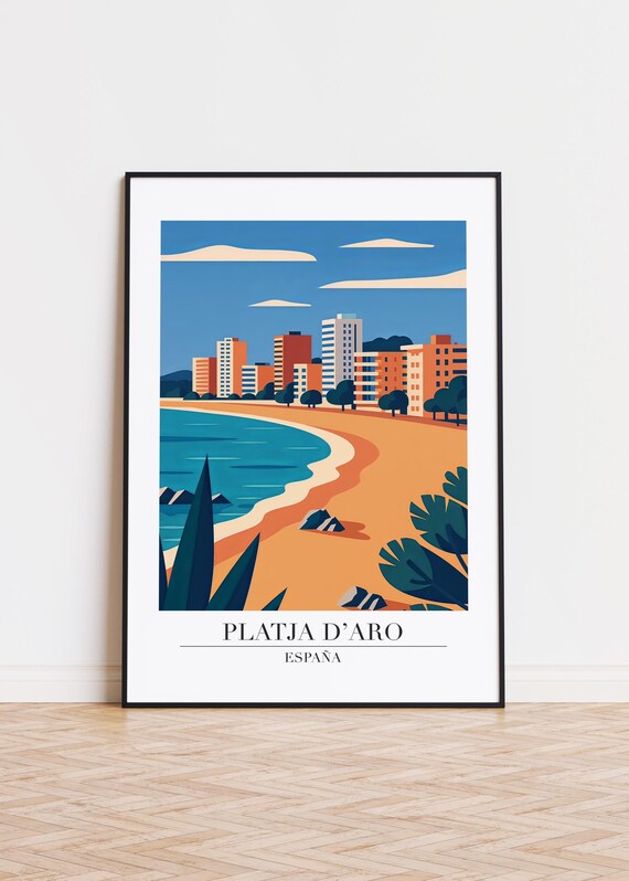 Platja dAro Spain Beach Illustration Retro Coastal Art Poster