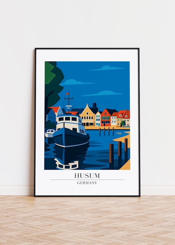 Husum Germany Harbor Boat Scene at Deep Blue Dusk Travel Poster