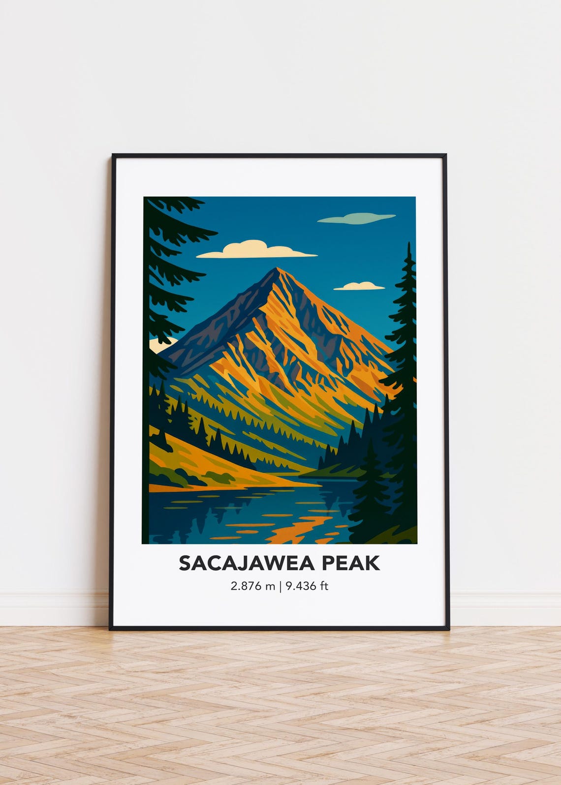 Sacajawea Peak Golden Summit Minimalist Lake Mountain Poster