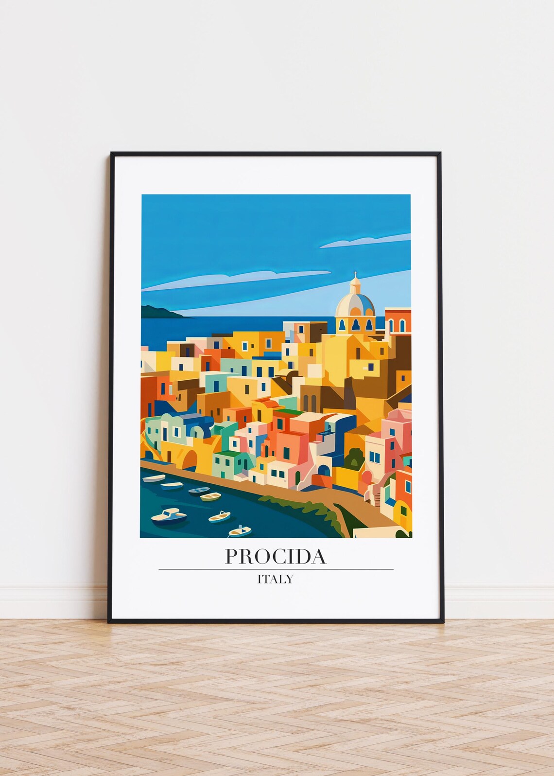 Procida Italy Domed Church Waterfront Colorful Travel Poster