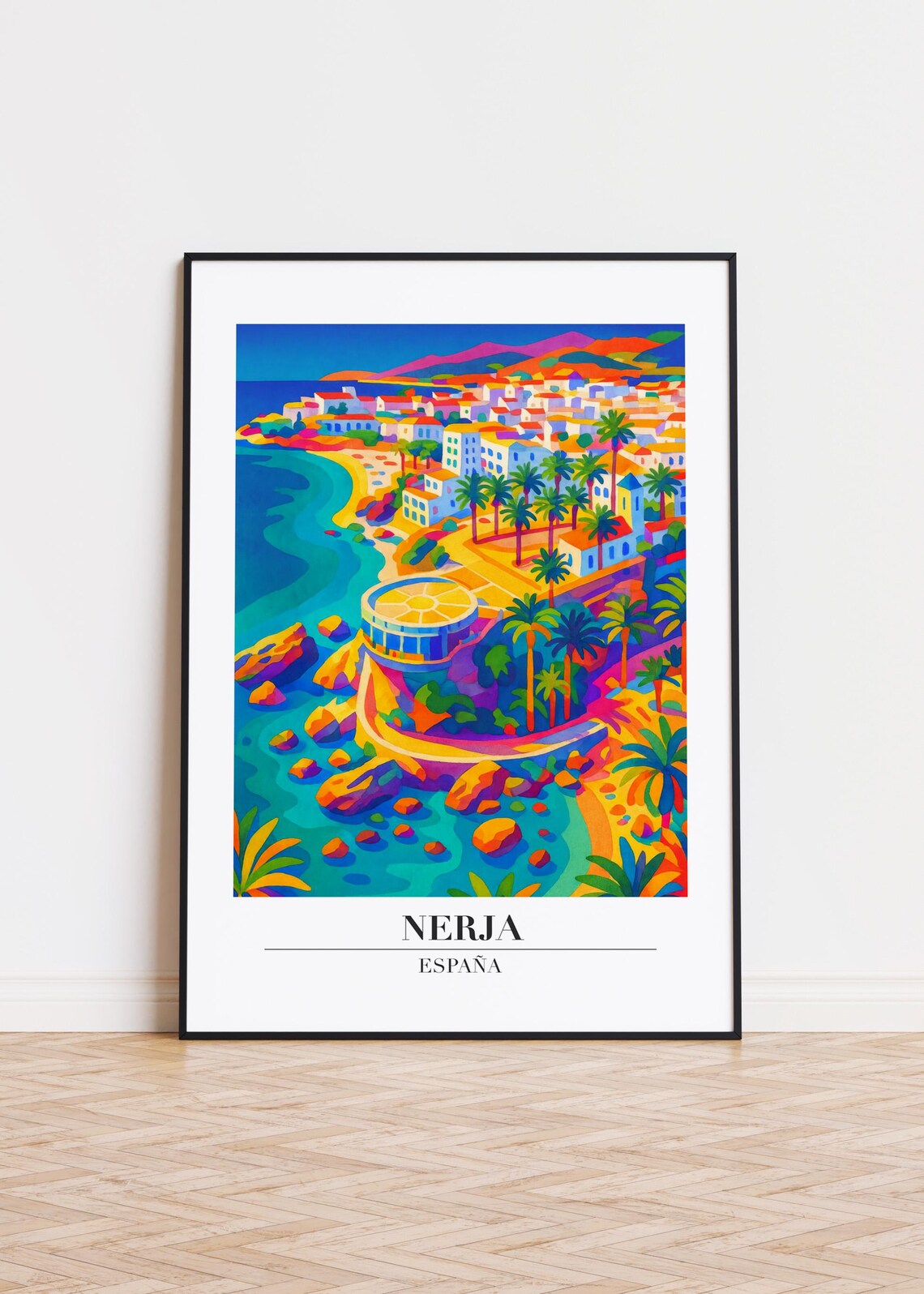 Nerja Spain Colorful Coastline Balcony Viewpoint Travel Art Poster