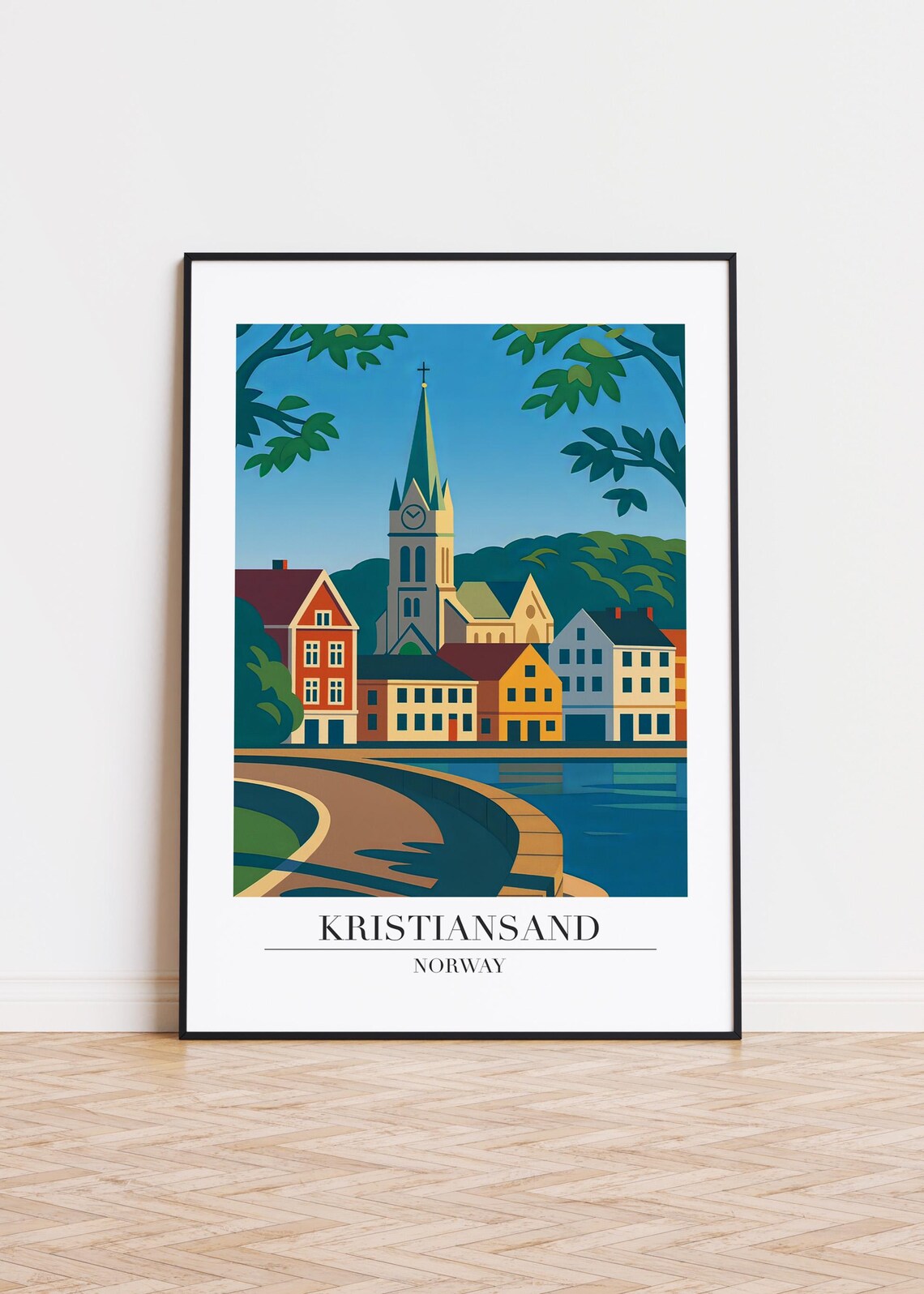 Kristiansand Norway Church Spire Colorful Harbor Town Travel Poster