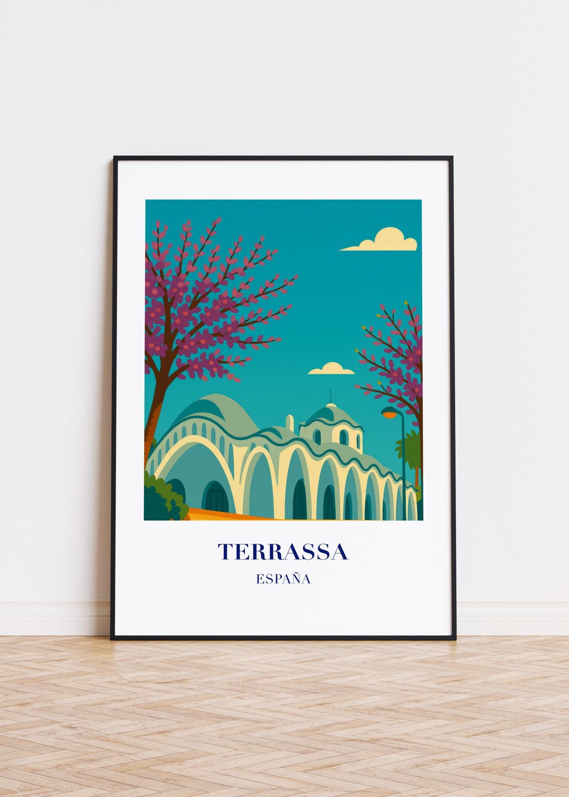 Terrassa España Modern Arched Arcade Flowering Tree Travel Poster