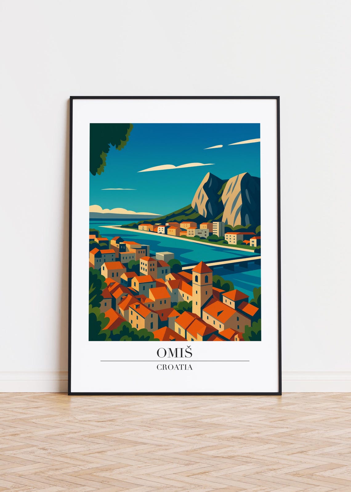 Omis Croatia Mountain Backdrop Riverside Bridge Old Town Travel Poster