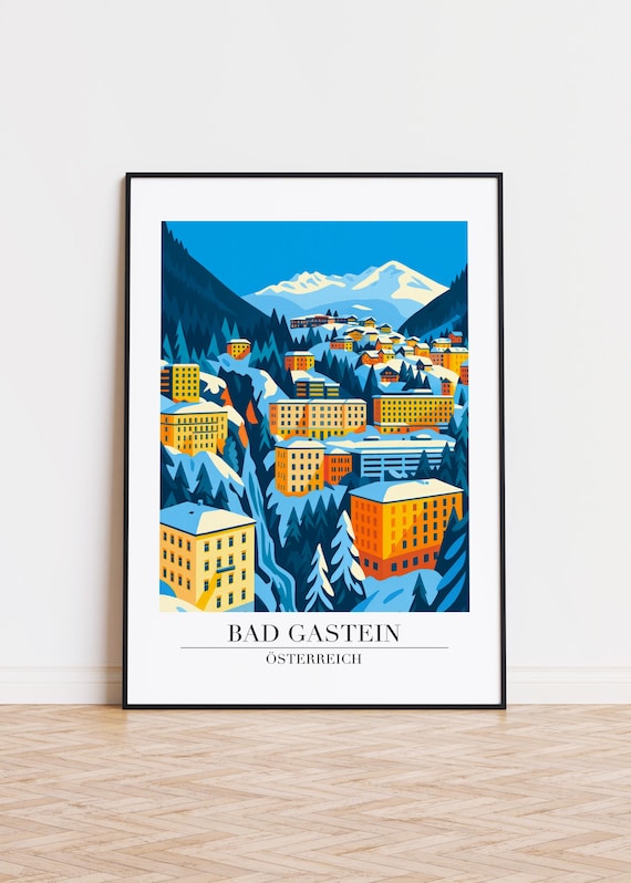 Bad Gastein Austria Travel Poster Snowy Alpine Town Illustration Wall Decor