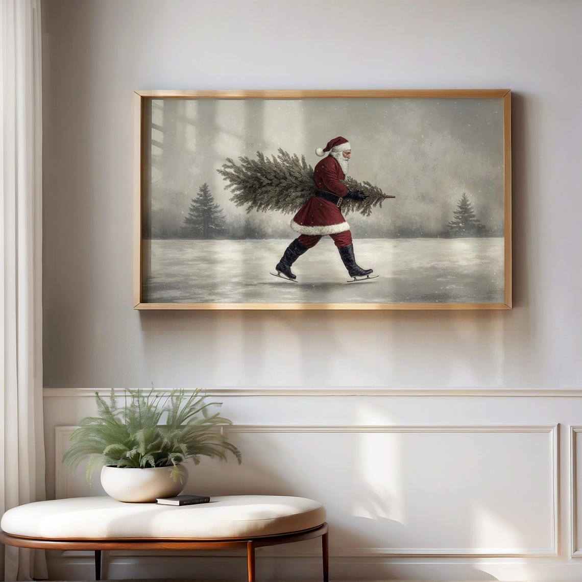 Santa Ice Skating With Christmas Tree Vintage Snowy Scene Poster - Image 3