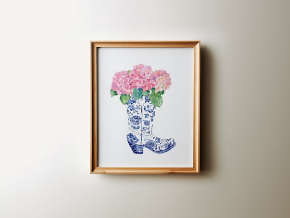 Pink Hydrangeas Chinoiserie Cowboy Boot Watercolor Western Poster