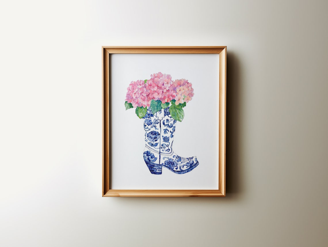 Pink Hydrangeas Chinoiserie Cowboy Boot Watercolor Western Poster