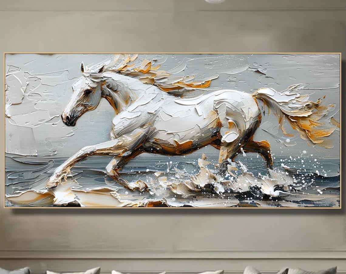 Majestic White Horse Oil Painting Modern Textured Horse 3d Horse Art In Neutral Tones Horse Lover Gift Original Art Living Room Decor