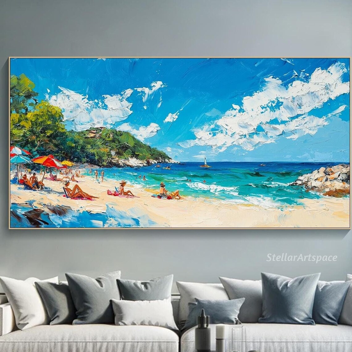 Sunny Beach Day Swimmers Sailboat Turquoise Bay Impasto Poster