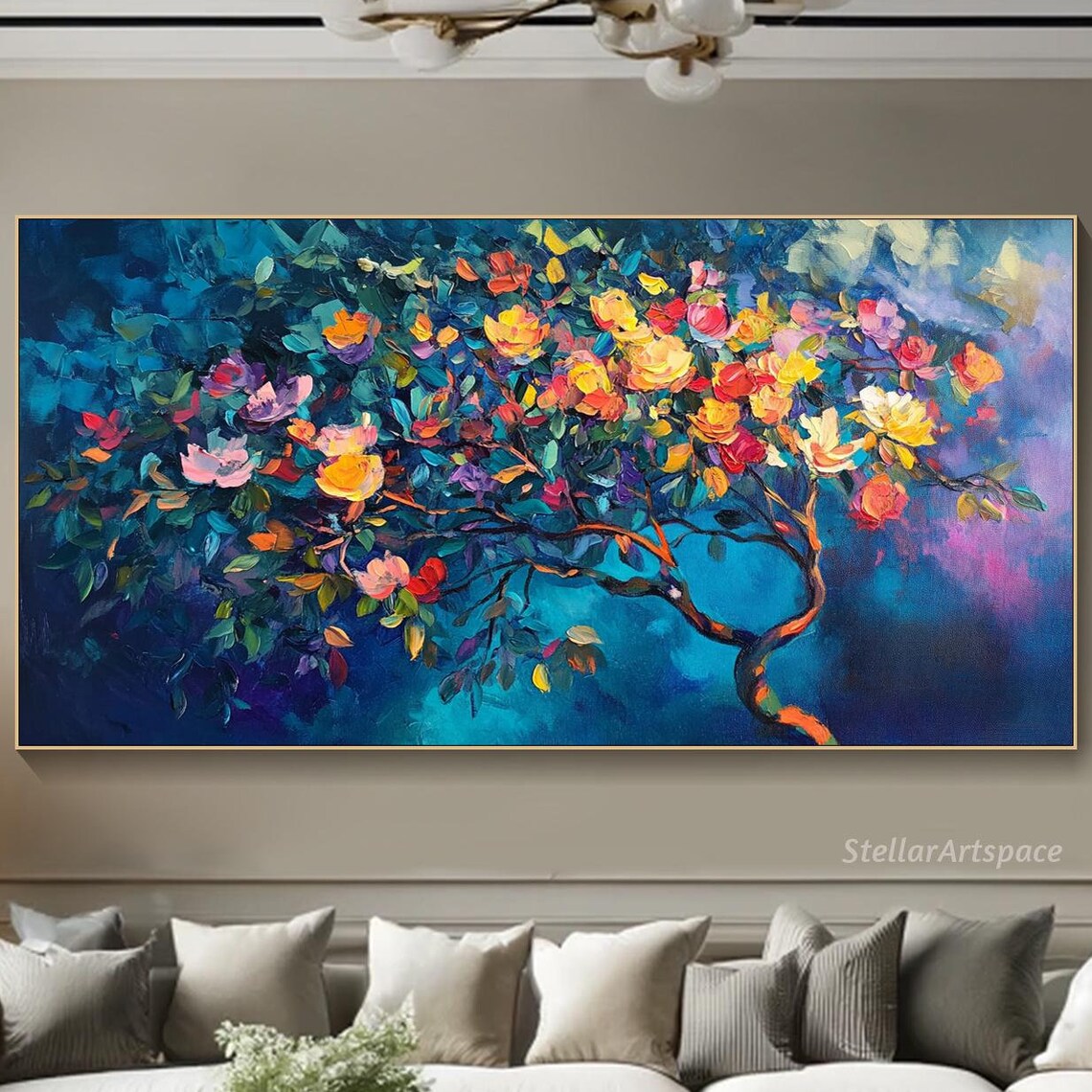 Blossom Tree Rainbow Flowers Teal Night Sky Impasto Art Poster