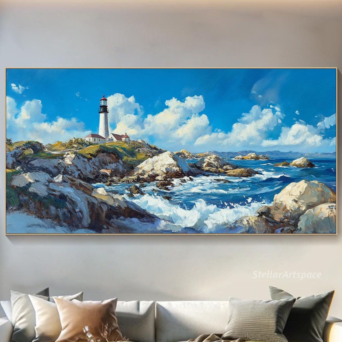Coastal Lighthouse Rocky Cliffs Blue Ocean Waves Painting Poster