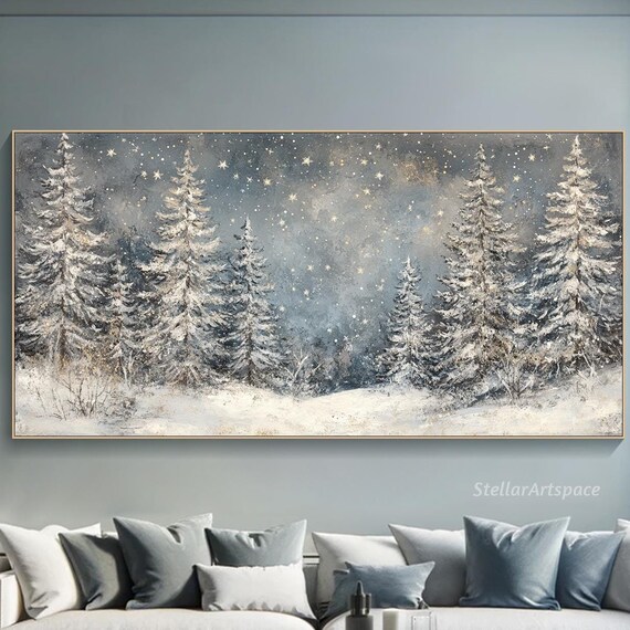 Winter Forest Starlit Art Print, Panoramic Snowy Pines