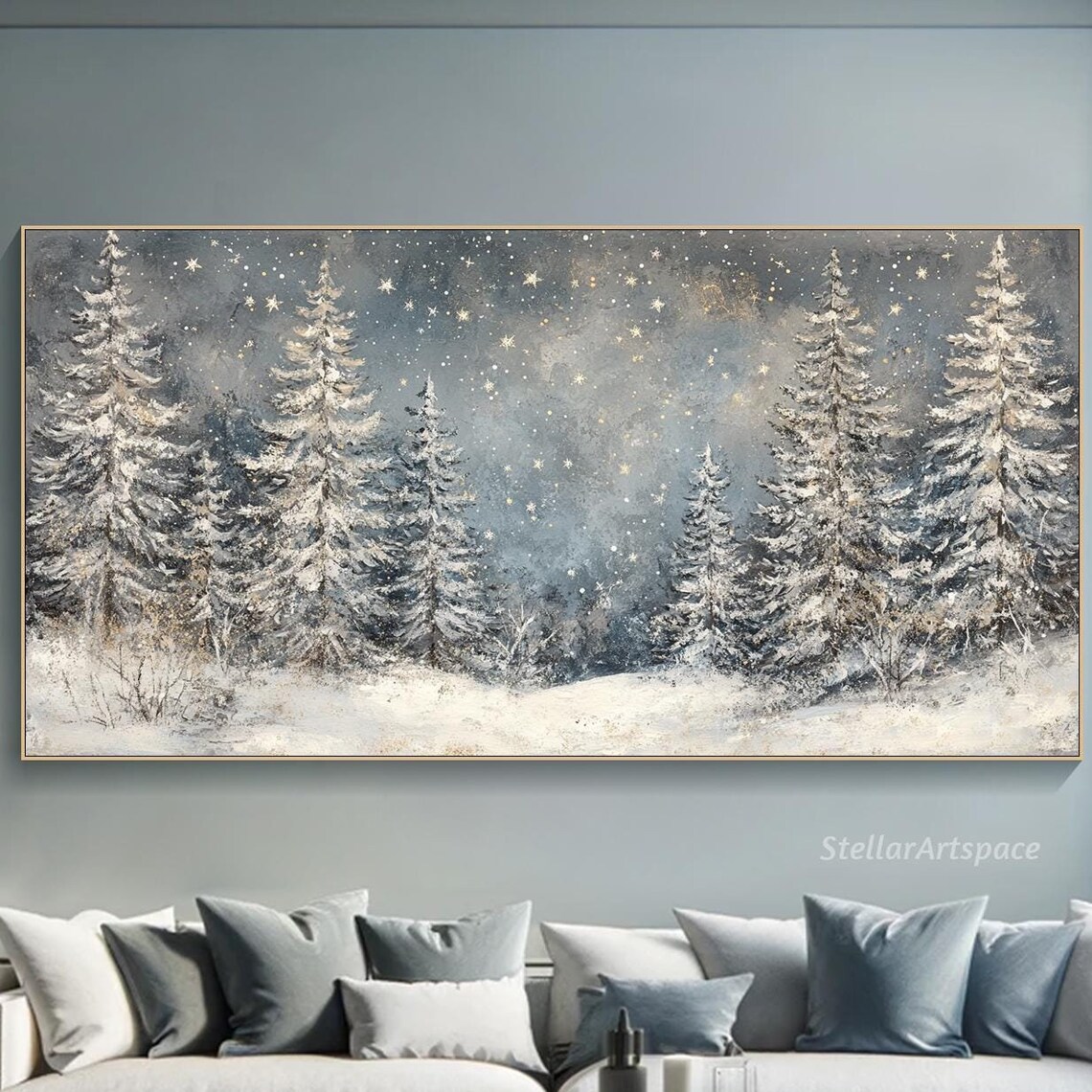 Winter Forest Starlit Art Print, Panoramic Snowy Pines