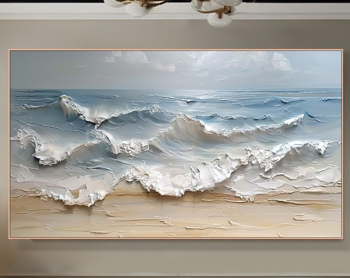 Blue Ocean Wave Painting, Contemporary Living Room Art