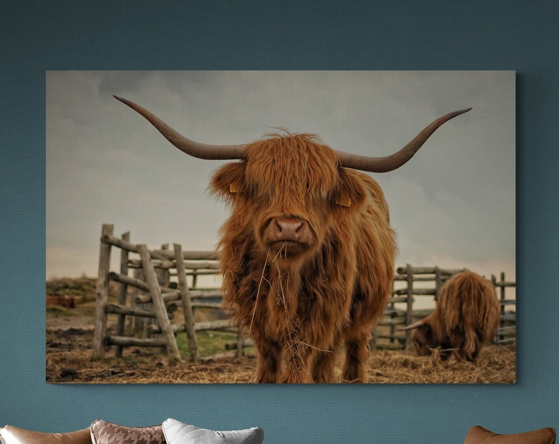 Highland Cow Portrait Scottish Cattle Meadow Painting Animal Wall Art - Image 3