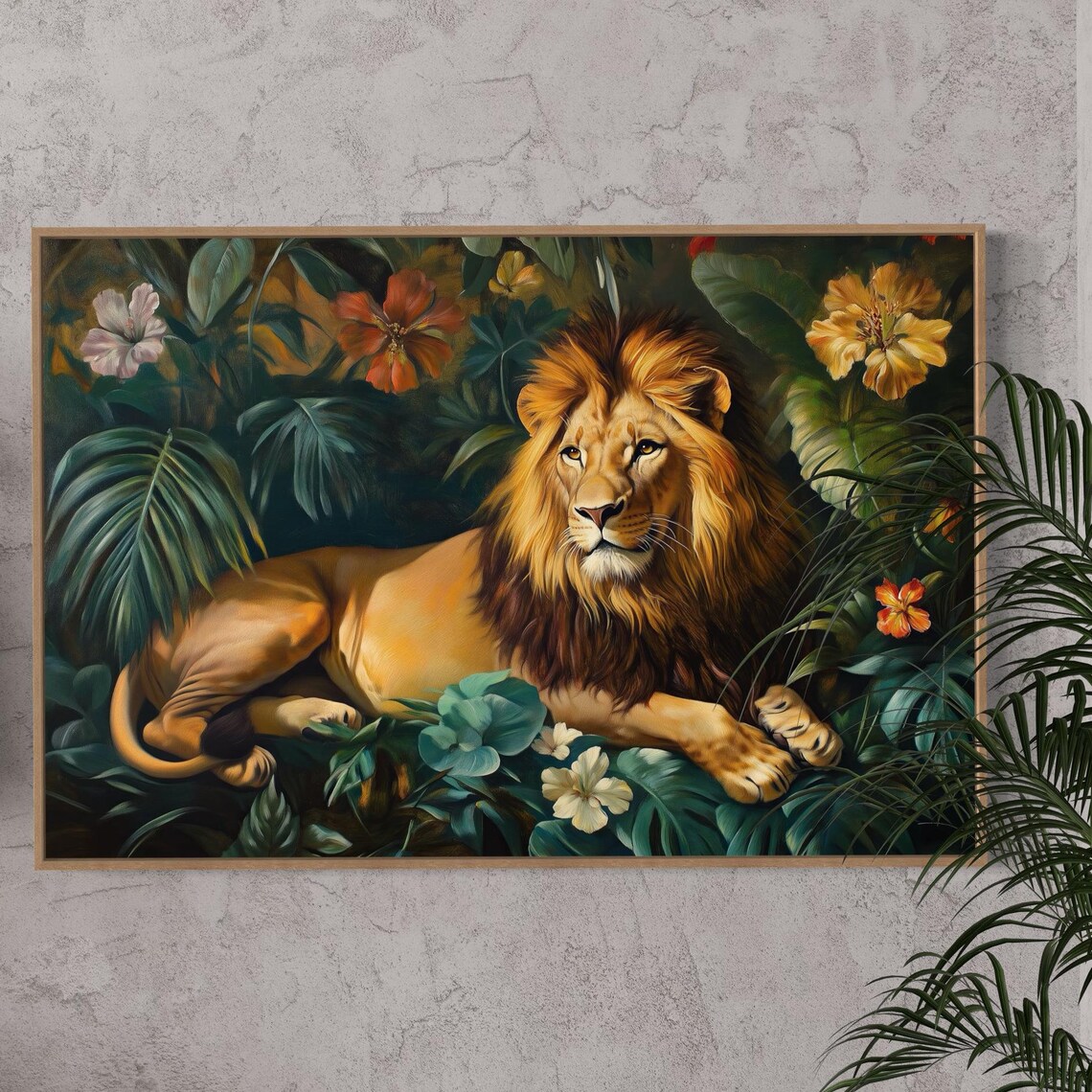 Majestic Lion Resting Tropical Jungle Foliage Hibiscus Flower Art Print