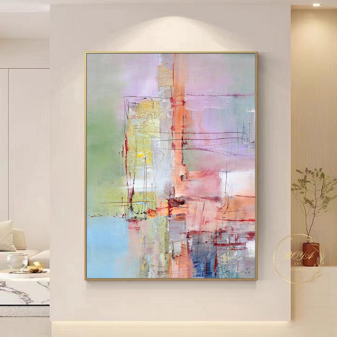 Rainbow Abstract Painting, Modern Line Art Print