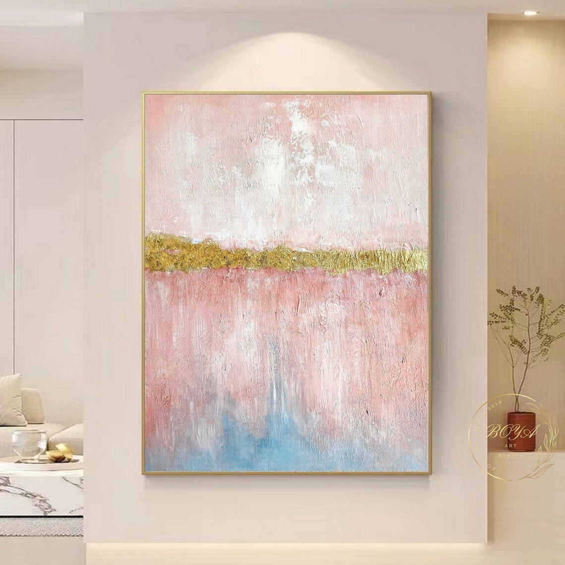Pink Abstract Painting, Minimalist Gold Texture Art Print