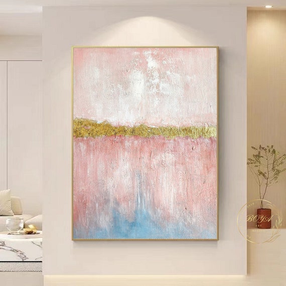 Pink Abstract Painting, Minimalist Gold Texture Art Print