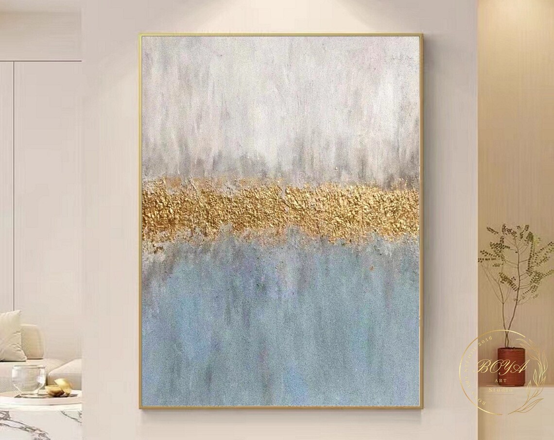 Blue Abstract Painting, Gold Textured Minimalist Art