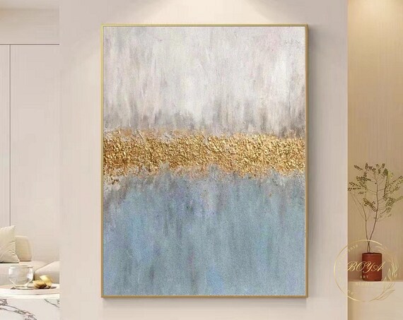 Blue Abstract Painting, Gold Textured Minimalist Art