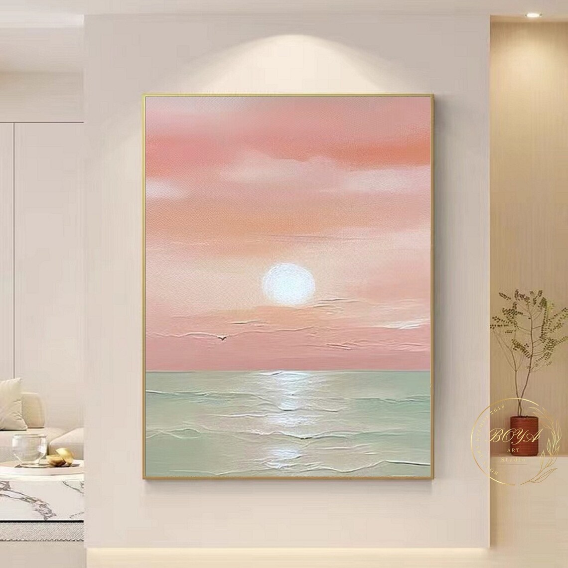 Abstract Seascape, Green Ocean Pink Sky Poster Print